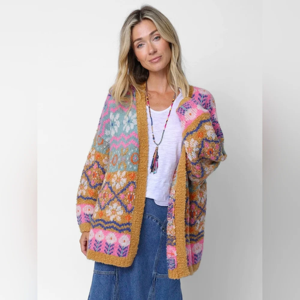 Natural Life brand - Calla Jacquard Cardigan Sweater in Cottage Daisies Gold - Picture 3 of 4